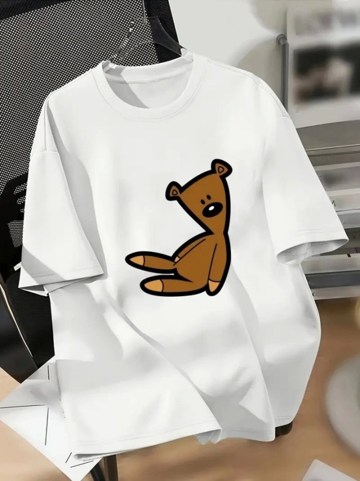 Baskılı Oversize Bisiklet Yaka T-shirt - Beyaz