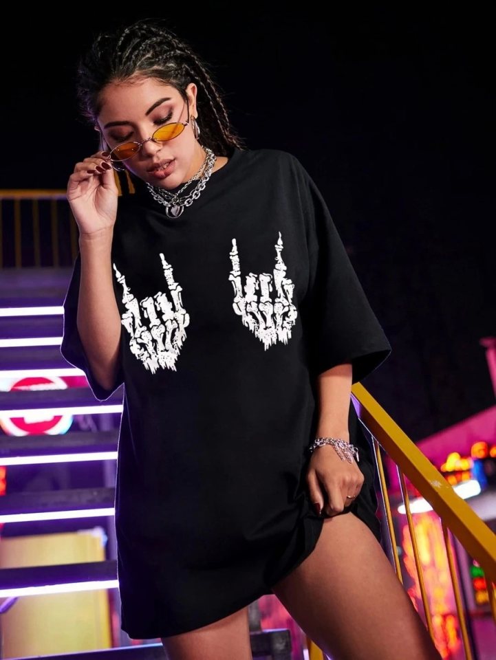 Baskılı Oversize T-shirt - Siyah