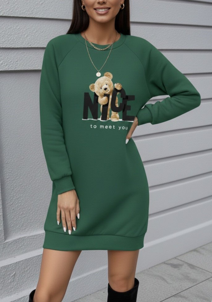 Girince 139778 Women's Long-Sleeve Bear-Print Dress