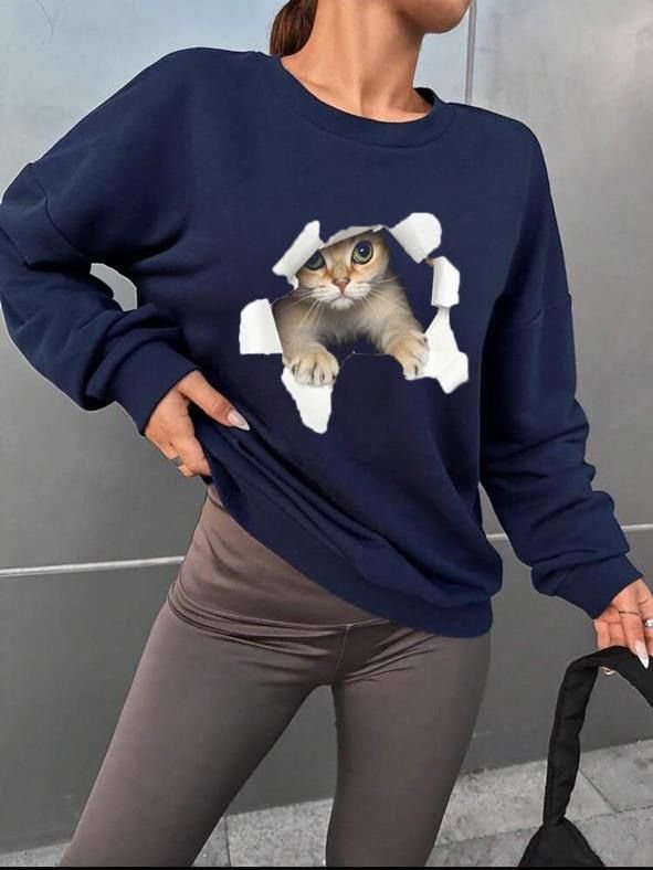 Girince 135292 Women's Long-Sleeve Cat-Print Blouse