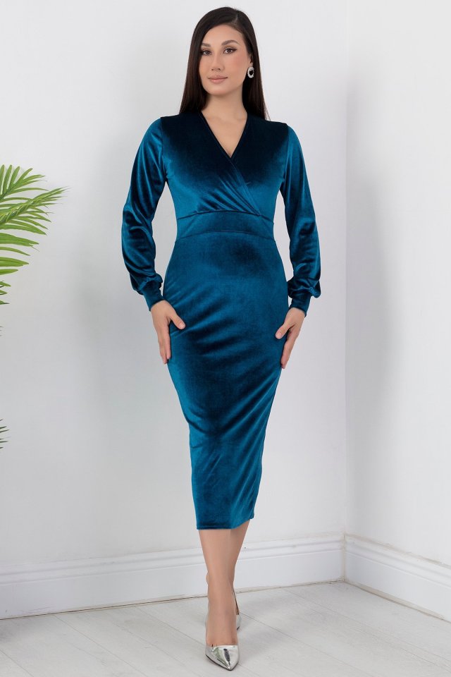 Girince 133085 Women's Velvet V-Neck Pencil Dress