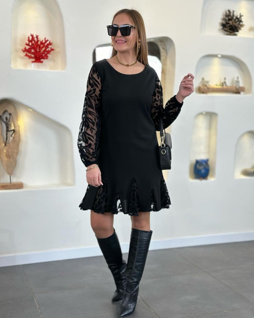 Girince 132303 Women's Long-Sleeve Lace-Detail Short Dress