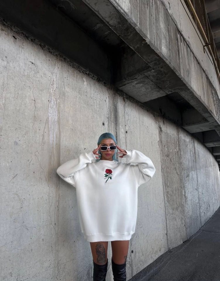Girince 131575 Oversized Printed Crew Neck Sweatshirt - White