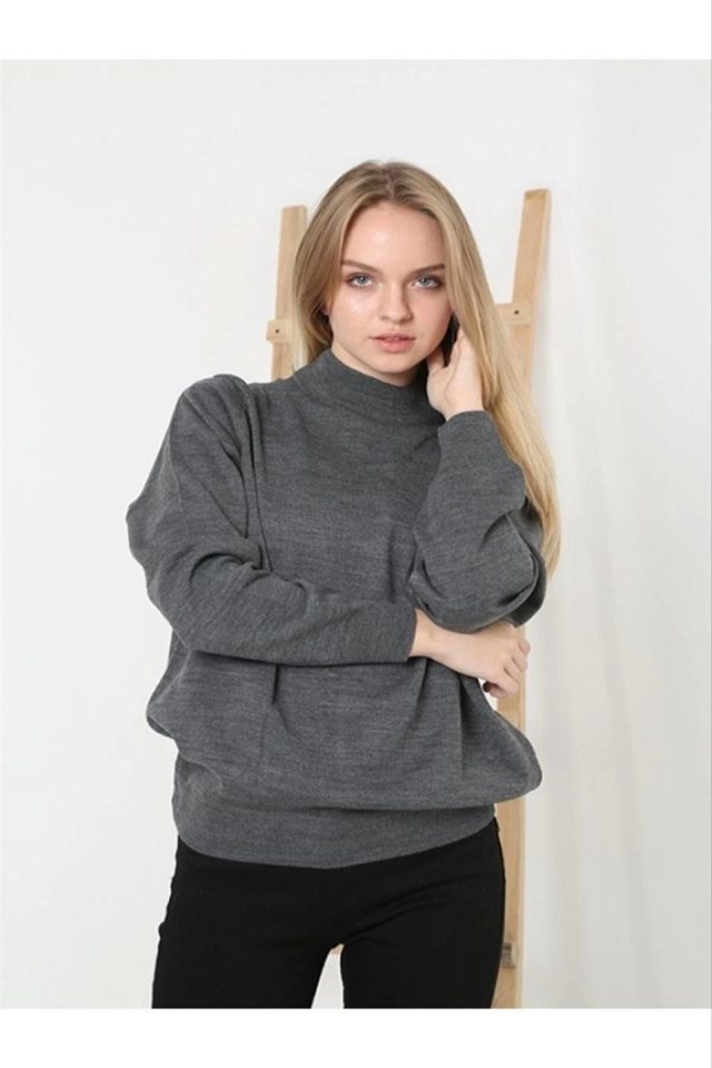 Girince 131525 Charcoal Grey Mock Neck Knit Sweater