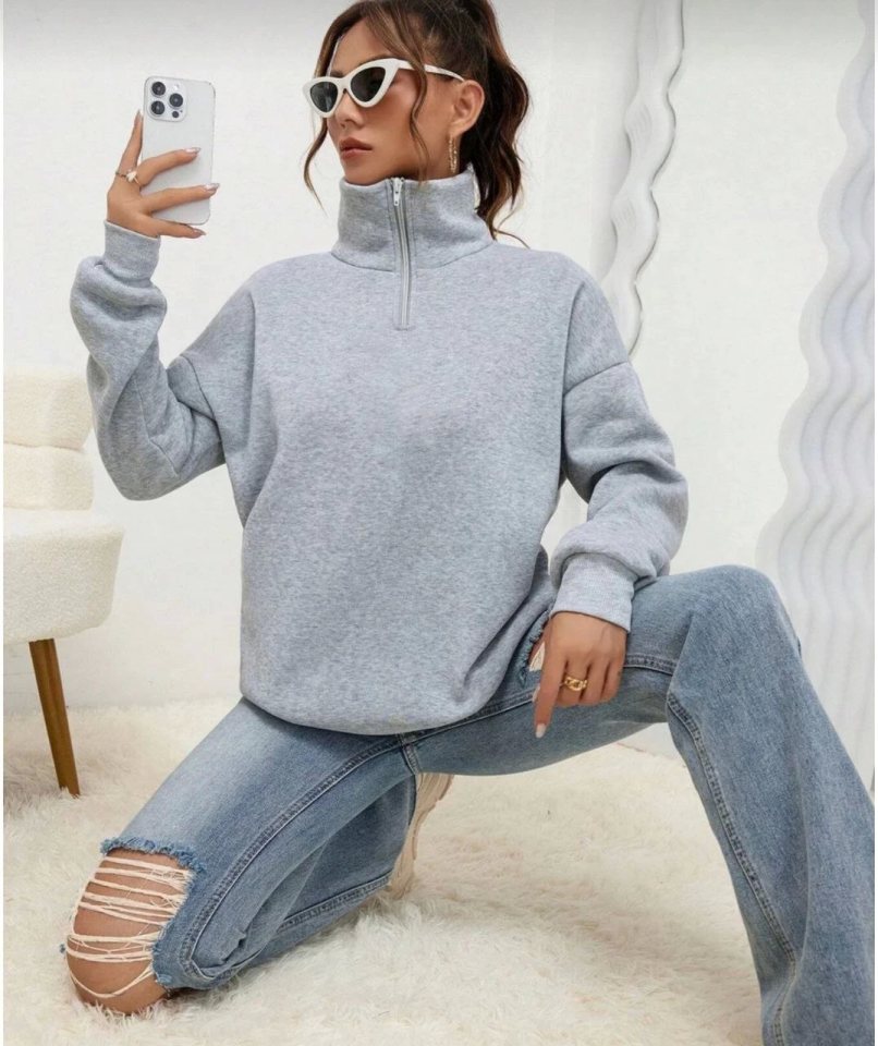Girince 131437 Unisex Grey Half-Zip Sweatshirt