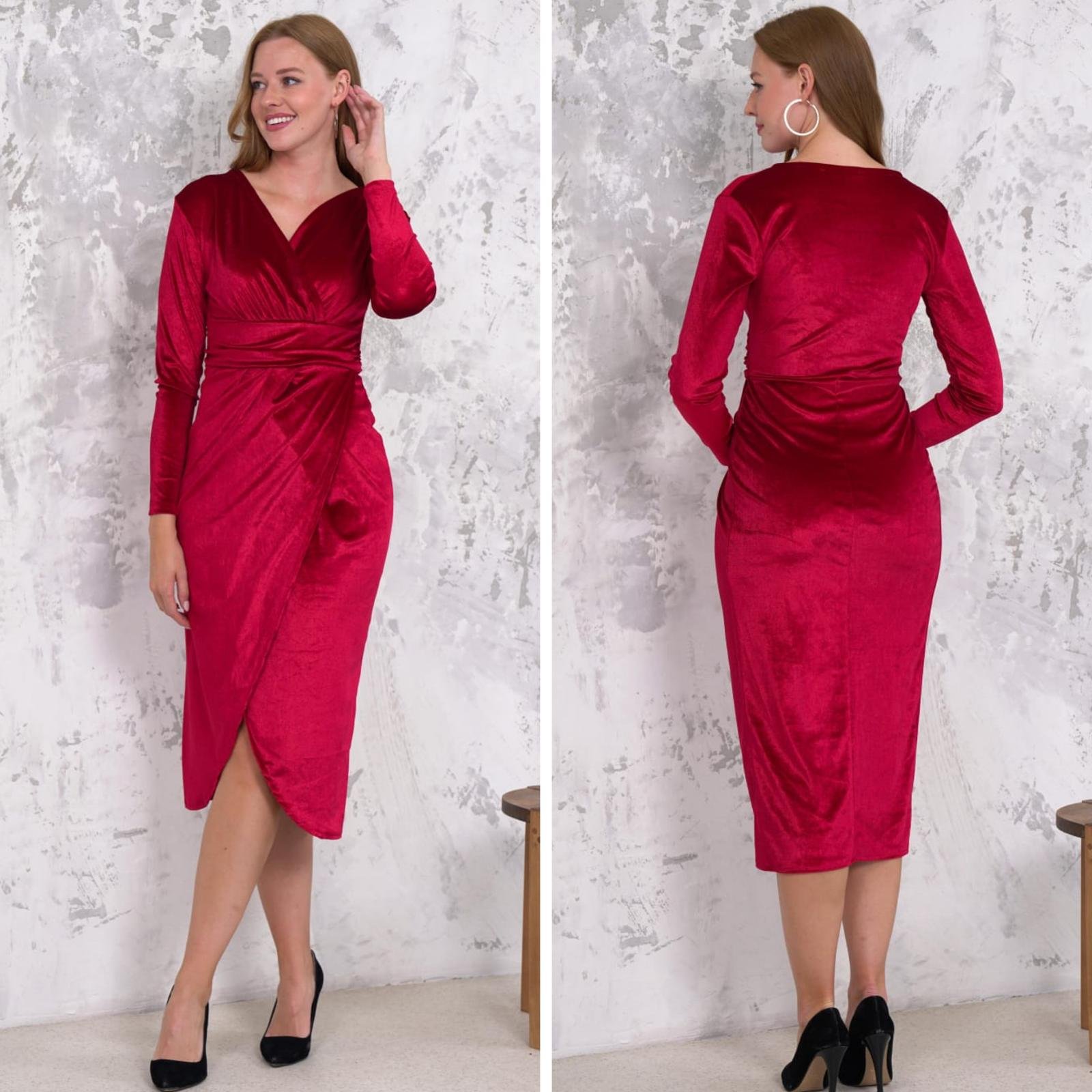 Girince 130949 Women's Velvet V-Neck Long-Sleeve Midi Dress