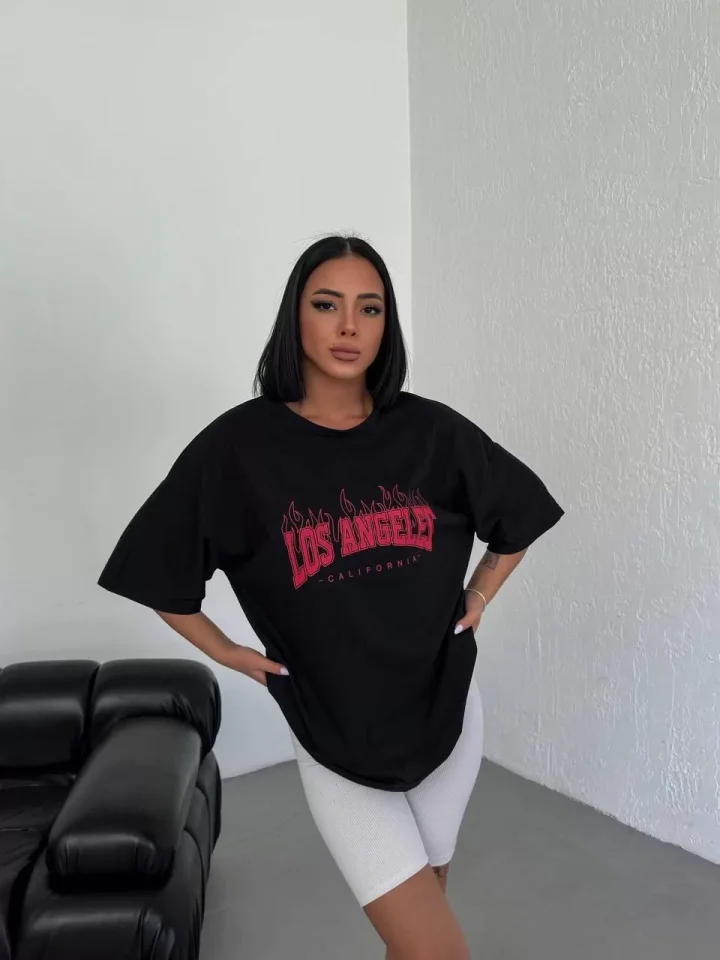 Girince 117948 Unisex Black Oversized Printed Crew Neck T-Shirt