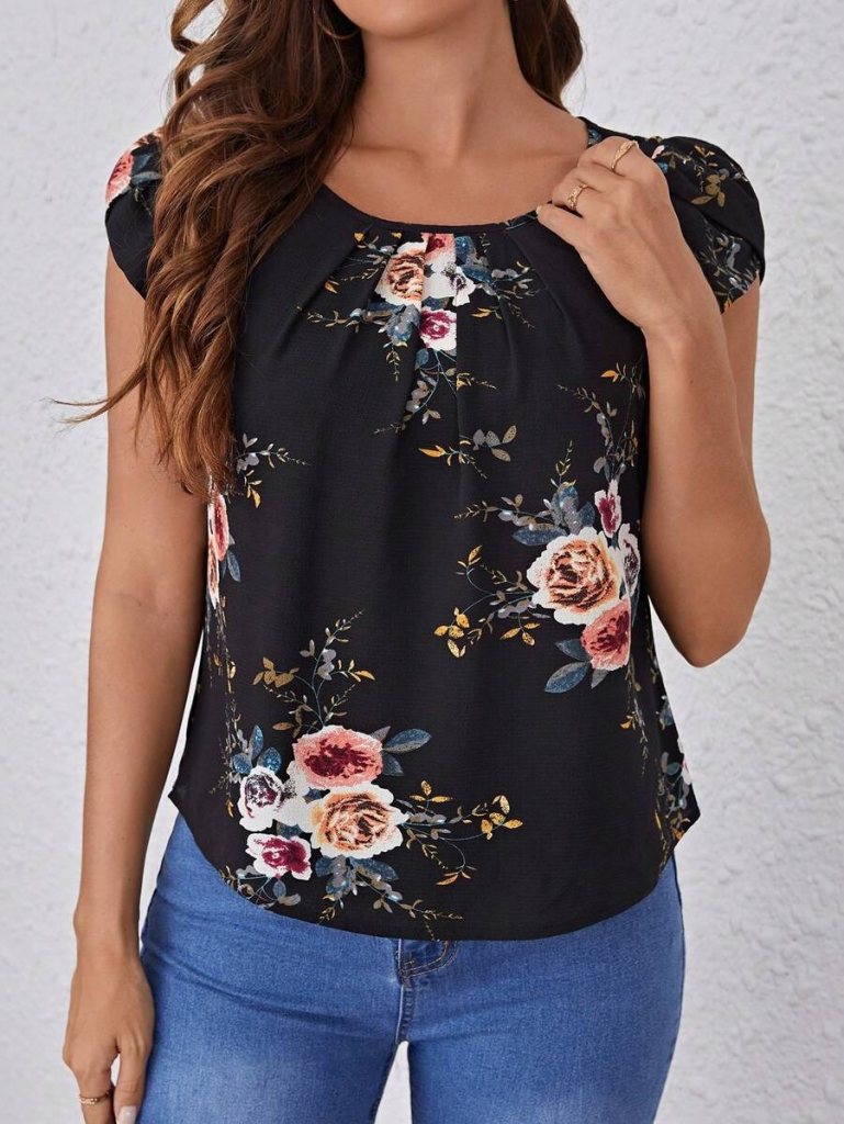 Girince 113659 Women's Short-Sleeve Floral Print Blouse