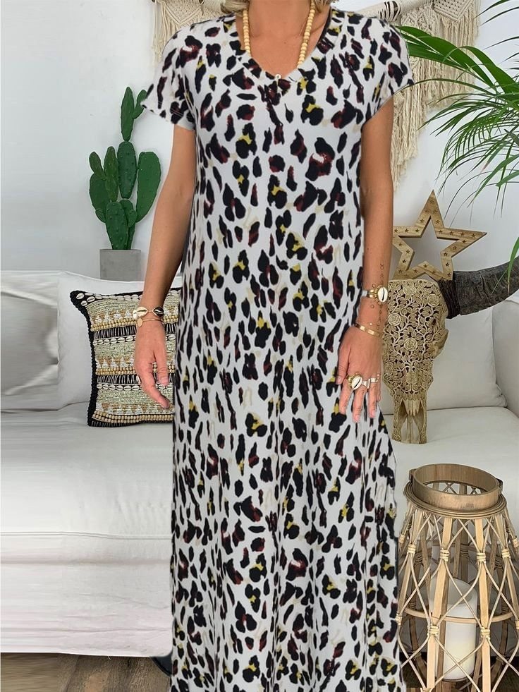 Girince 113648 Women's Short-Sleeve V-Neck Zebra-Print Maxi Dress
