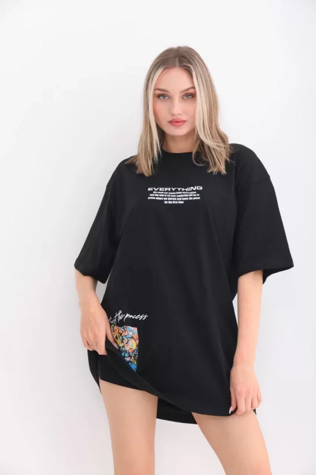 Girince 103400 Unisex Black Oversized Printed Crew Neck T-Shirt