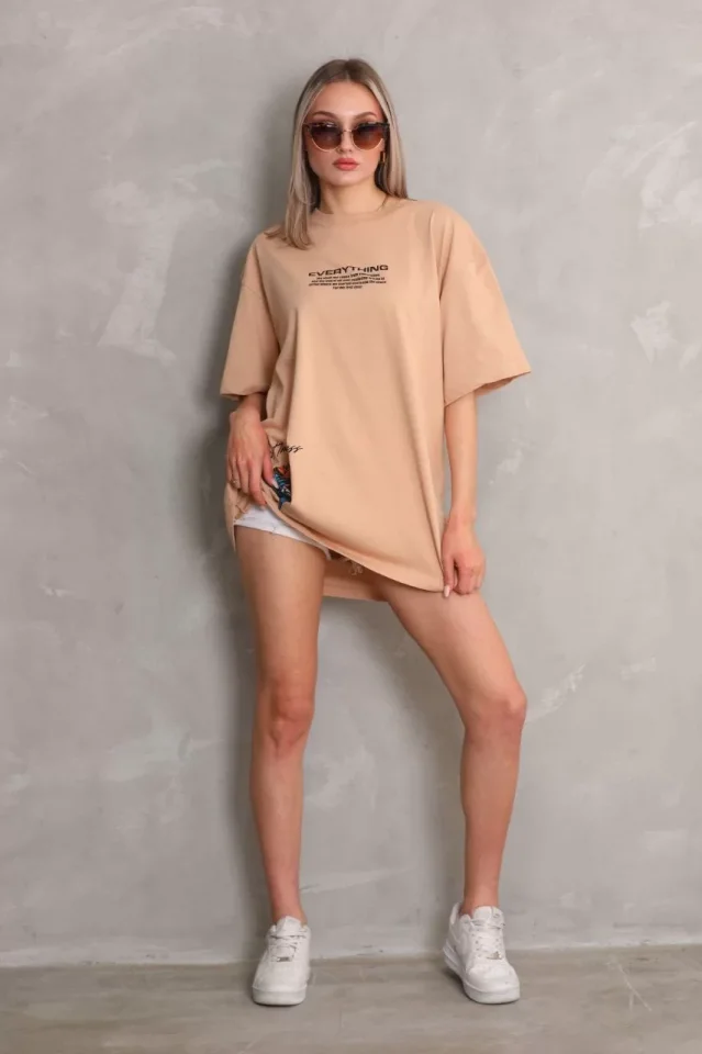 Girince 103399 Beige Printed Oversized Unisex T-Shirt